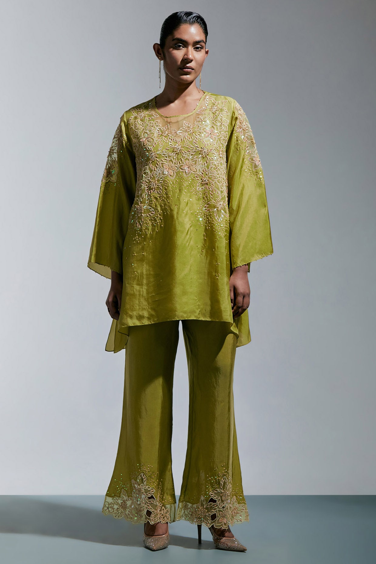 One not two Heena Green Silk Floral Embroidered Co-Ord Set