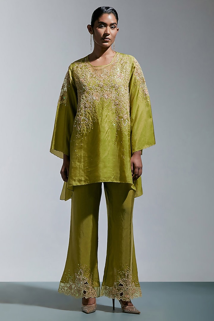 Heena Green Silk Floral Embroidered Co-Ord Set by One not two at Pernia's Pop Up Shop