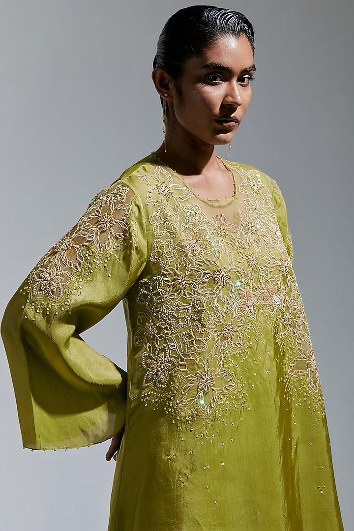 Heena Green Silk Floral Embroidered Co-Ord Set by One not two at Pernia's Pop Up Shop