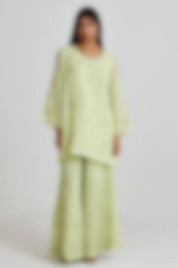 Aloe Green Viscose Organza Floral Thread Embroidered Wedding Sharara Set by One not two at Pernia's Pop Up Shop