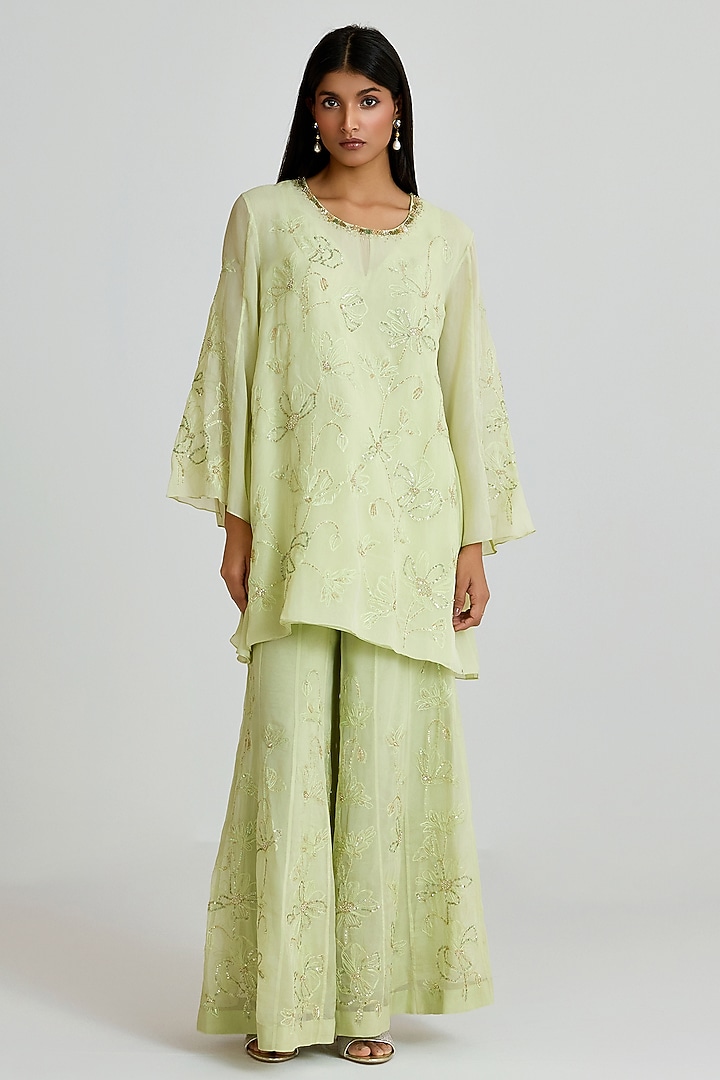 Aloe Green Viscose Organza Floral Thread Embroidered Wedding Sharara Set by One not two at Pernia's Pop Up Shop