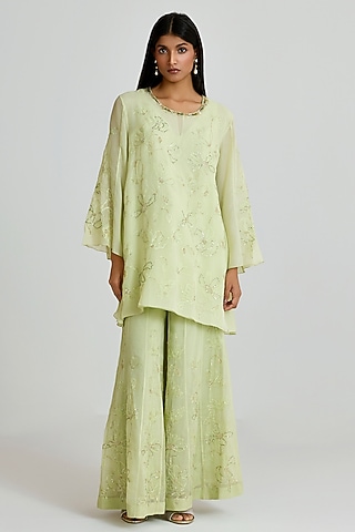 Aloe Green Viscose Organza Floral Thread Embroidered Sharara Set by One not two