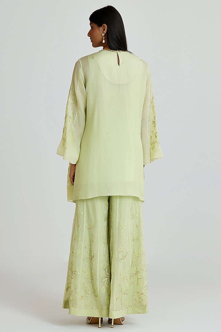 Aloe Green Viscose Organza Floral Thread Embroidered Wedding Sharara Set by One not two at Pernia's Pop Up Shop