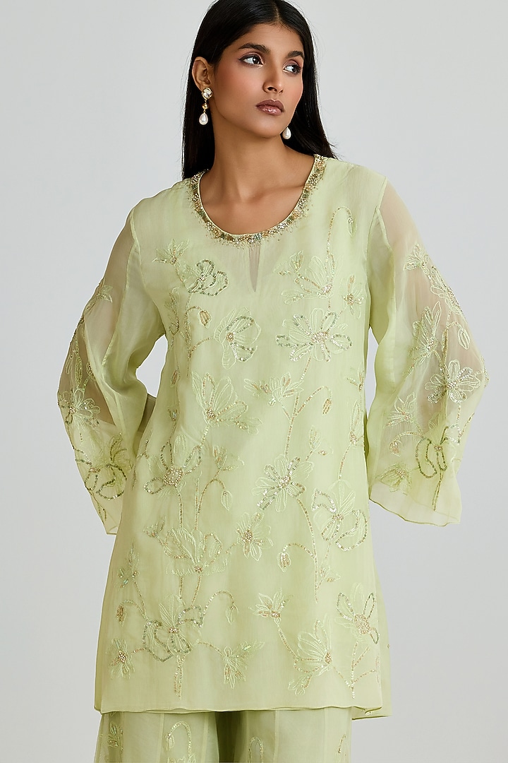 Aloe Green Viscose Organza Floral Thread Embroidered Wedding Sharara Set by One not two at Pernia's Pop Up Shop