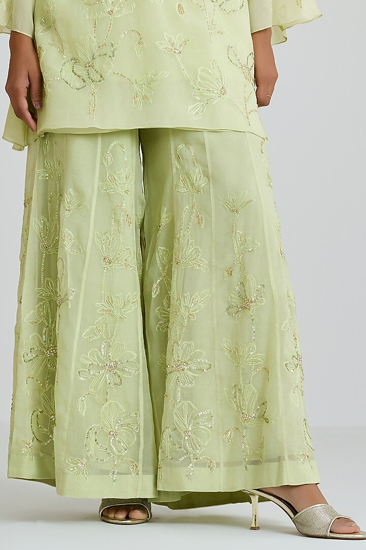 Aloe Green Viscose Organza Floral Thread Embroidered Wedding Sharara Set by One not two at Pernia's Pop Up Shop