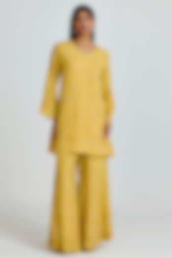 Daffodil Yellow Viscose Organza Floral Thread Embroidered Wedding Sharara Set by One not two at Pernia's Pop Up Shop