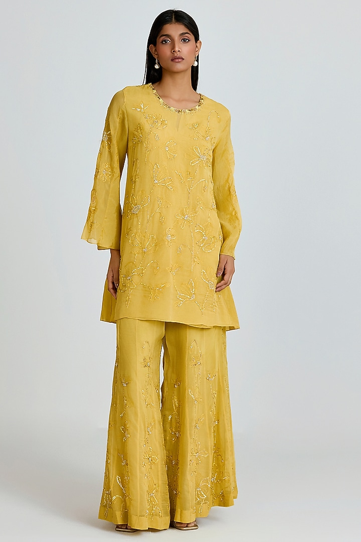 Daffodil Yellow Viscose Organza Floral Thread Embroidered Wedding Sharara Set by One not two at Pernia's Pop Up Shop