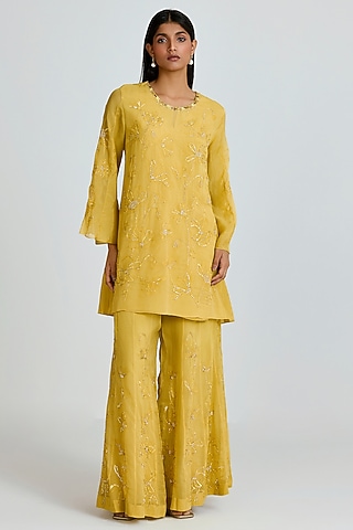 Daffodil Yellow Viscose Organza Floral Thread Embroidered Sharara Set by One not two