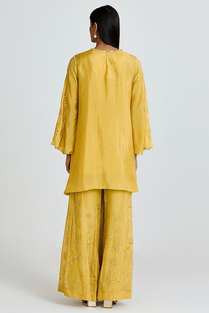 Daffodil Yellow Viscose Organza Floral Thread Embroidered Wedding Sharara Set by One not two at Pernia's Pop Up Shop