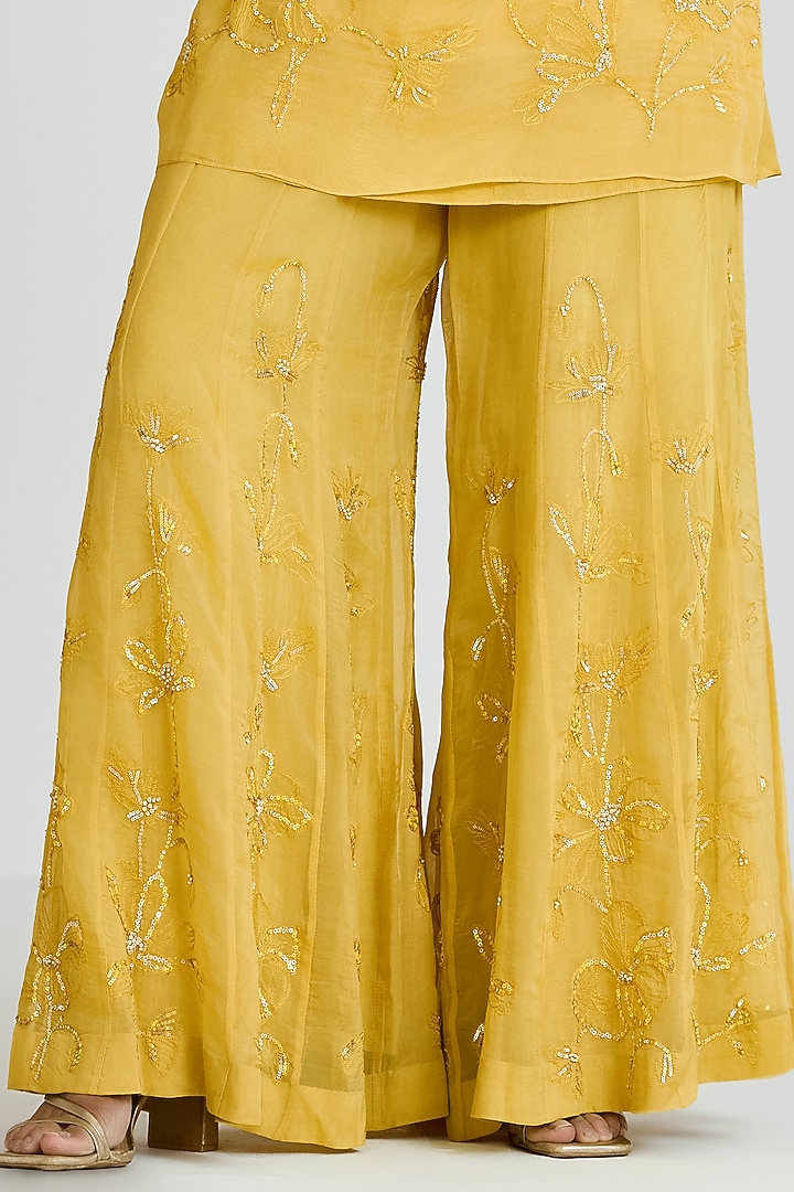 Daffodil Yellow Viscose Organza Floral Thread Embroidered Wedding Sharara Set by One not two at Pernia's Pop Up Shop