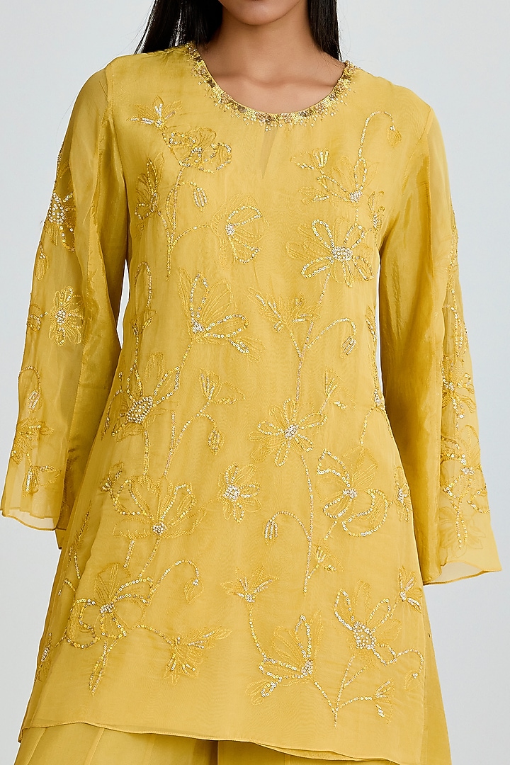 Daffodil Yellow Viscose Organza Floral Thread Embroidered Wedding Sharara Set by One not two at Pernia's Pop Up Shop