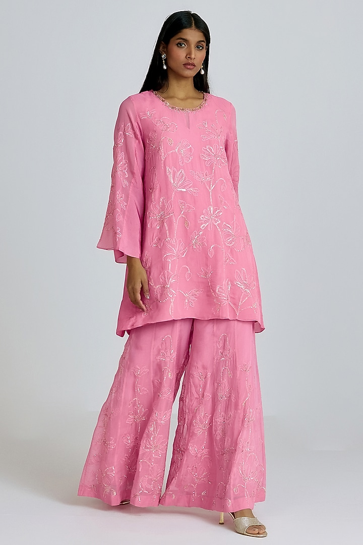 Orchid Pink Viscose Organza Floral Thread Embroidered Wedding Sharara Set by One not two at Pernia's Pop Up Shop