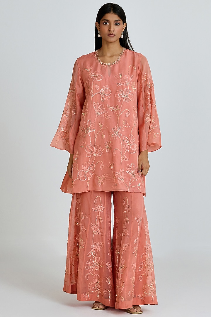Sorbet-Colored Viscose Organza Floral Thread Embroidered Wedding Sharara Set by One not two at Pernia's Pop Up Shop