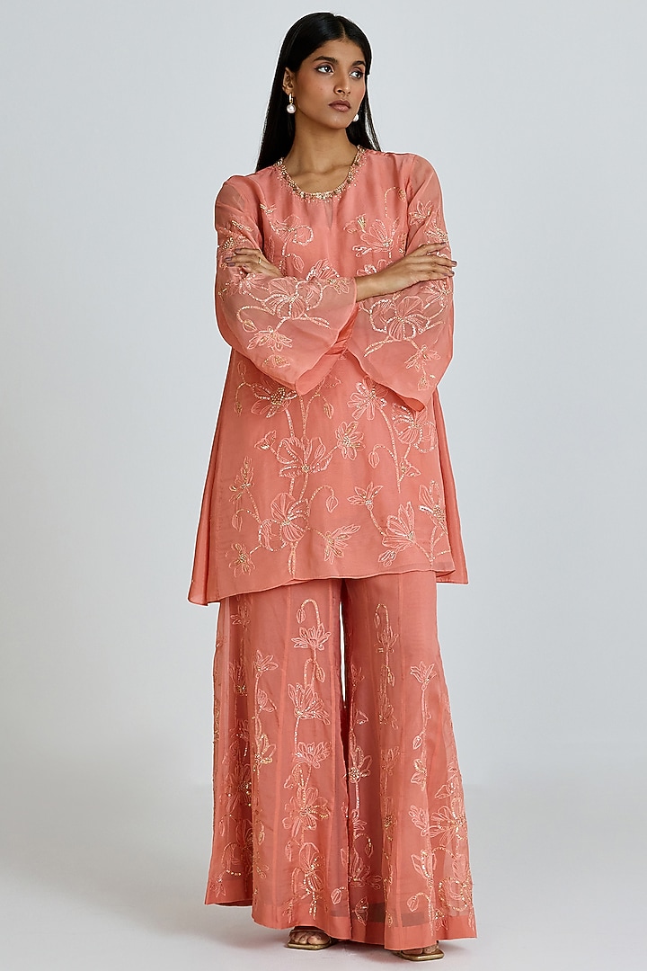 Sorbet-Colored Viscose Organza Floral Thread Embroidered Wedding Sharara Set by One not two at Pernia's Pop Up Shop