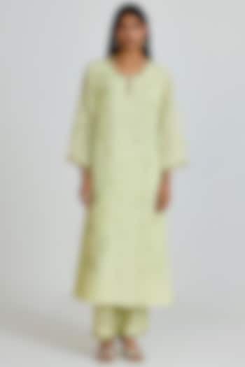 Aloe-Colored Viscose Organza Hand Embroidered Kurta Set by One not two at Pernia's Pop Up Shop