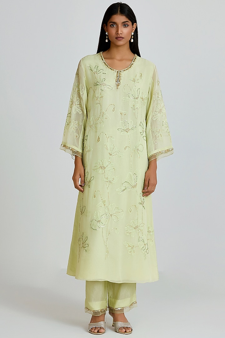Aloe-Colored Viscose Organza Hand Embroidered Kurta Set by One not two at Pernia's Pop Up Shop