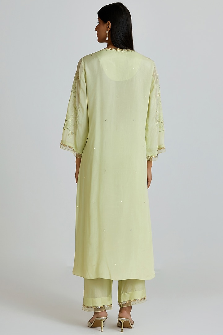 Aloe-Colored Viscose Organza Hand Embroidered Kurta Set by One not two at Pernia's Pop Up Shop