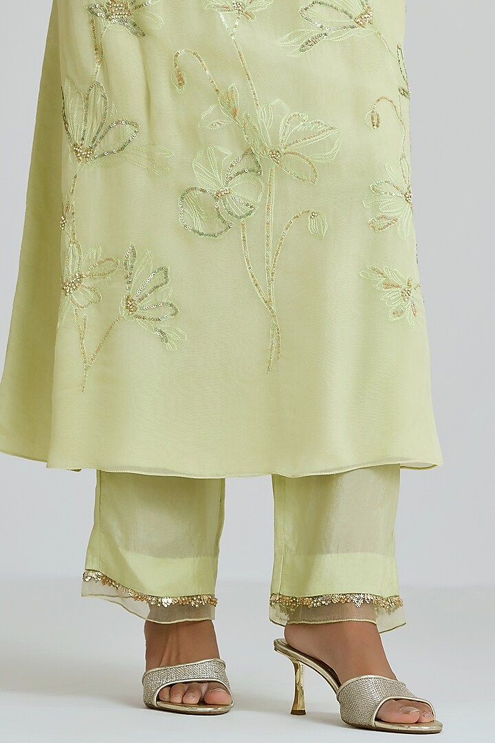 Aloe-Colored Viscose Organza Hand Embroidered Kurta Set by One not two at Pernia's Pop Up Shop