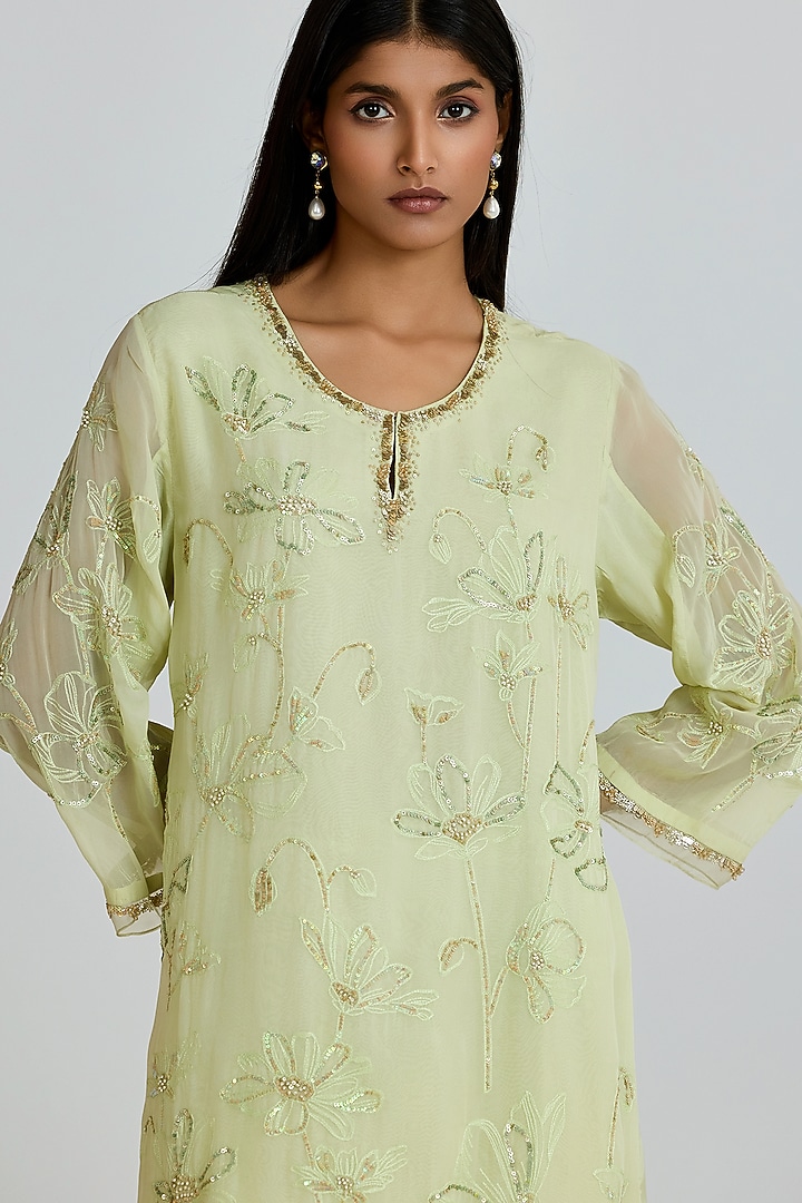 Aloe-Colored Viscose Organza Hand Embroidered Kurta Set by One not two at Pernia's Pop Up Shop