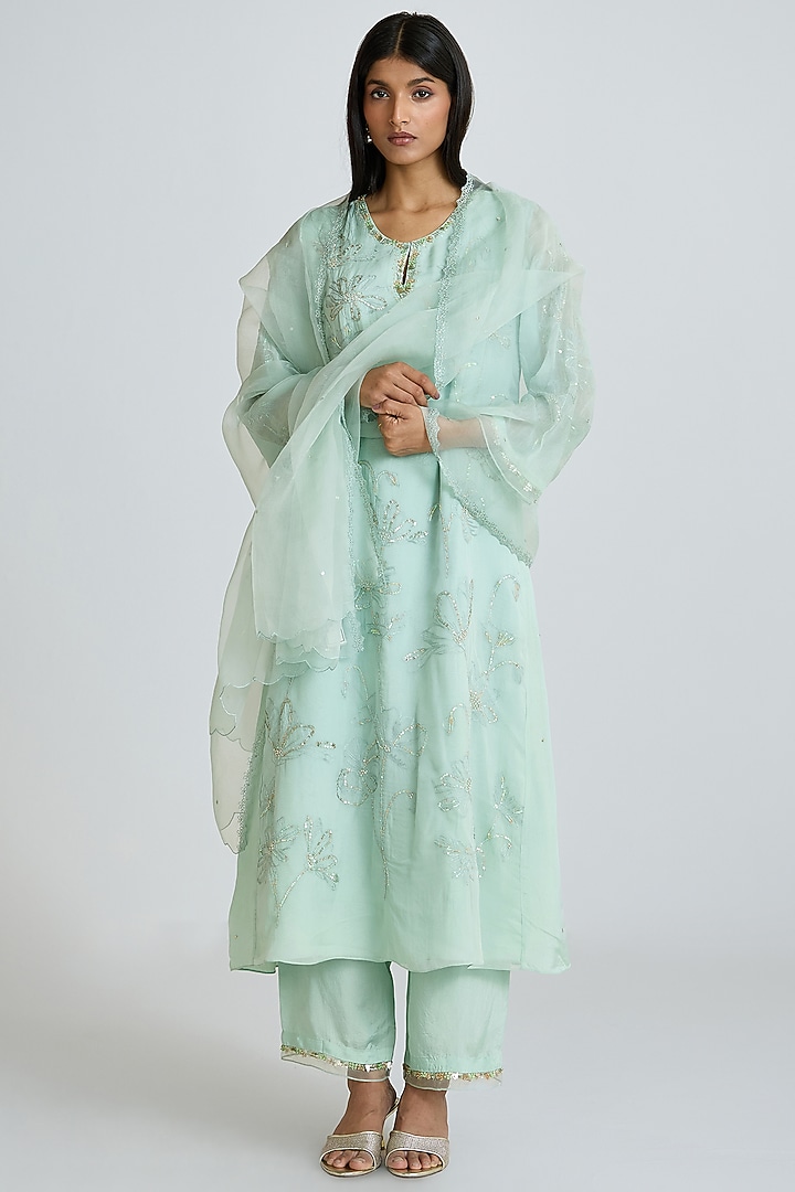 Opal-Colored Viscose Organza Hand Embroidered Kurta Set by One not two at Pernia's Pop Up Shop