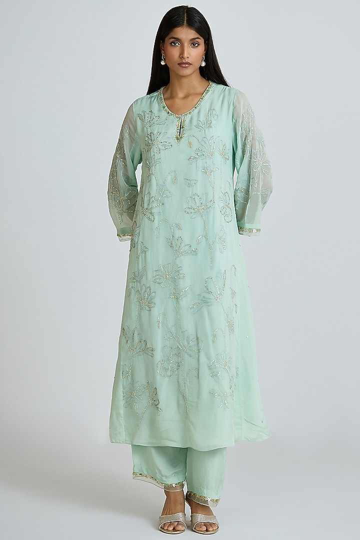 Opal-Colored Viscose Organza Hand Embroidered Kurta Set by One not two at Pernia's Pop Up Shop