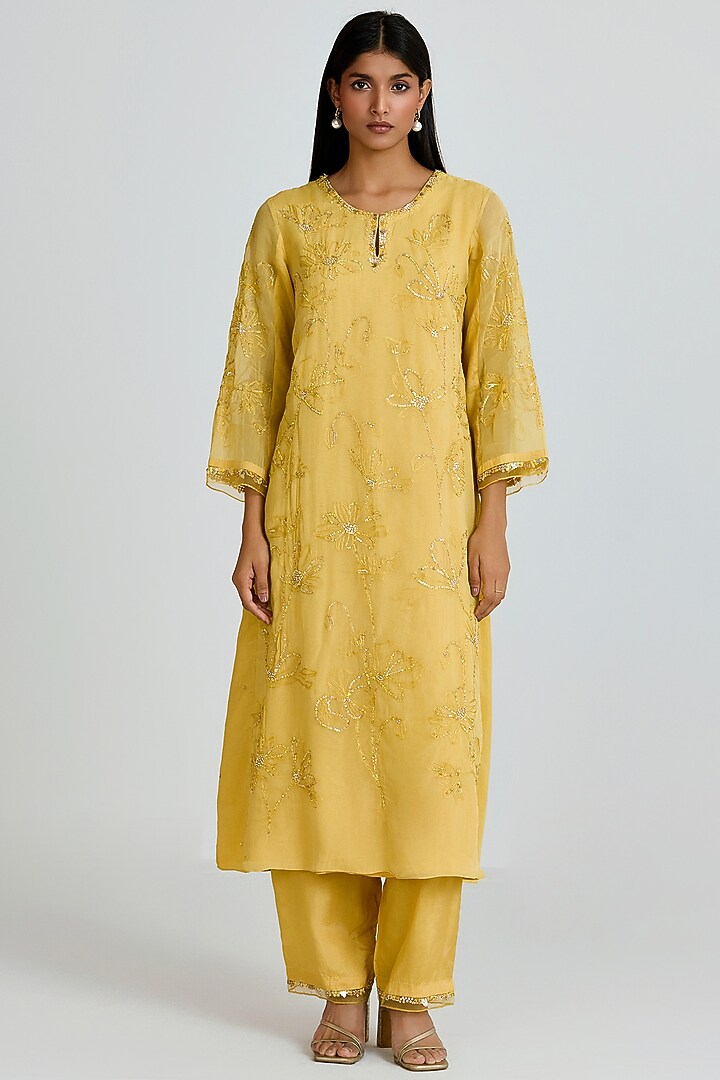 Daffodil-Colored Viscose Organza Hand Embroidered Kurta Set by One not two at Pernia's Pop Up Shop