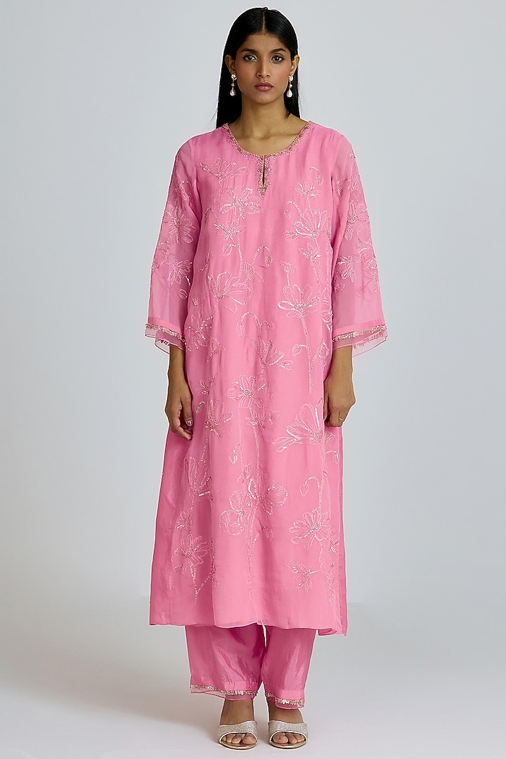 Orchid-Colored Viscose Organza Hand Embroidered Kurta Set by One not two at Pernia's Pop Up Shop