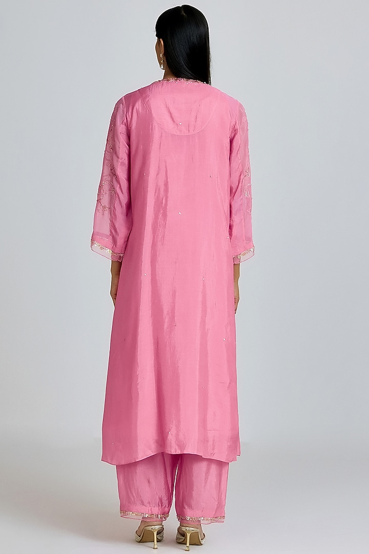 Orchid-Colored Viscose Organza Hand Embroidered Kurta Set by One not two at Pernia's Pop Up Shop