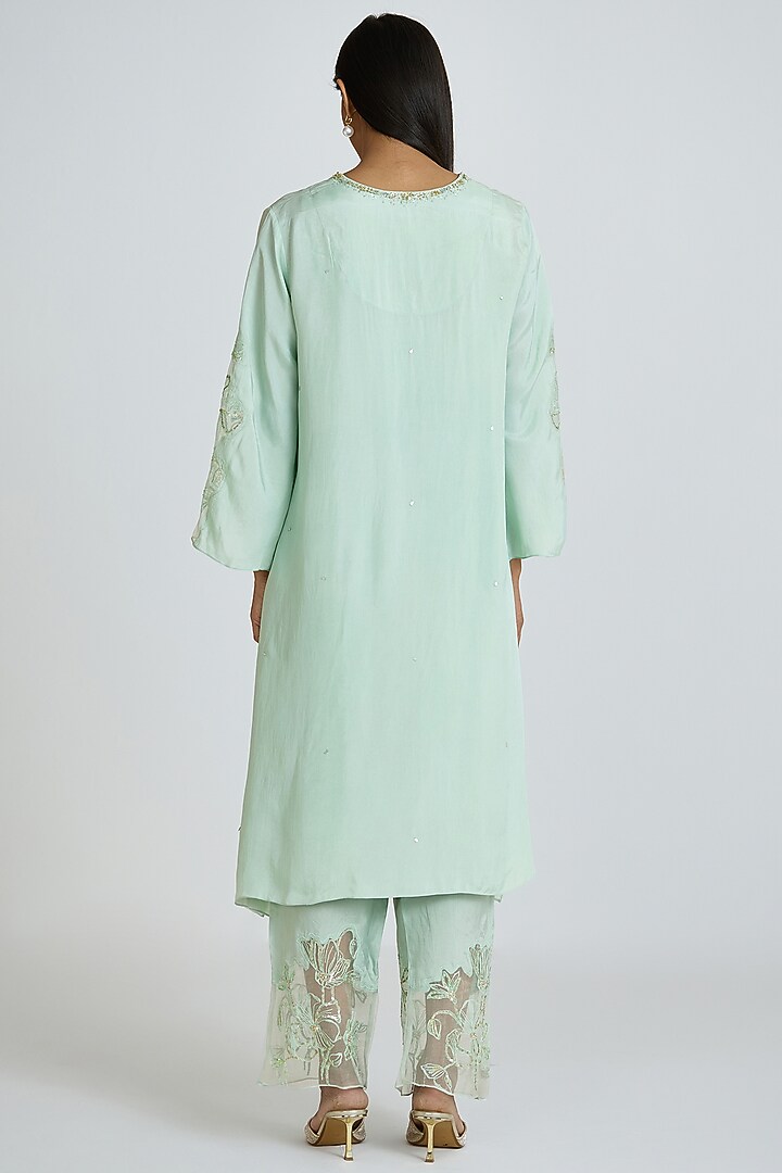Opal-Colored Silk Thread Hand Embroidered Kurta Set by One not two at Pernia's Pop Up Shop