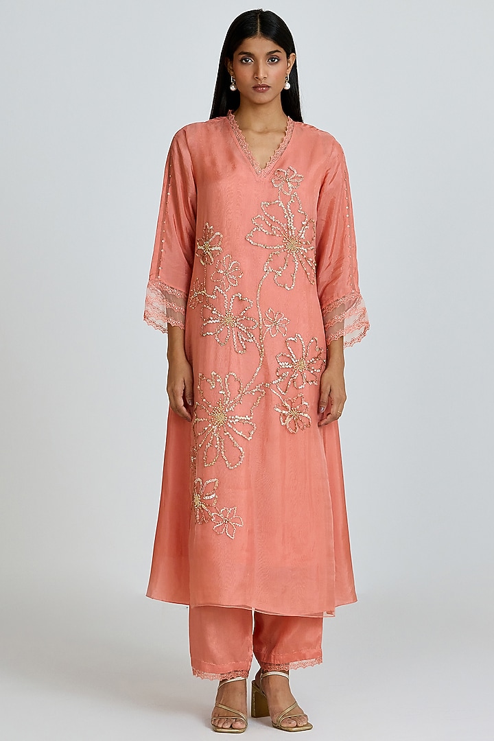 Sorbet-Colored Silk Thread Hand Embroidered Kurta Set by One not two at Pernia's Pop Up Shop