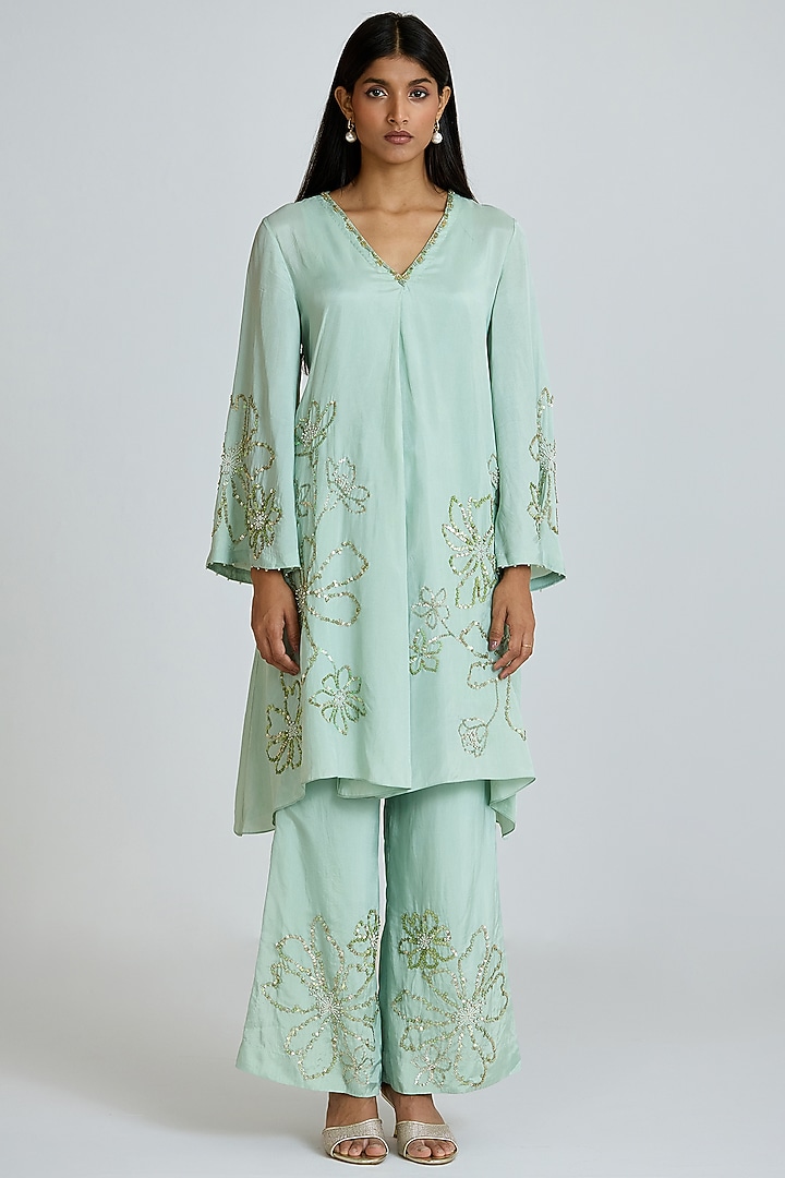 Opal-Colored Silk Thread Hand Embroidered Co-Ord Set by One not two at Pernia's Pop Up Shop