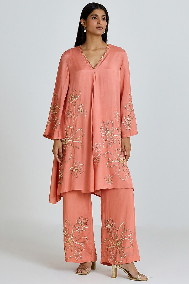 Sorbet-Colored Silk Thread Hand Embroidered Co-Ord Set by One not two at Pernia's Pop Up Shop