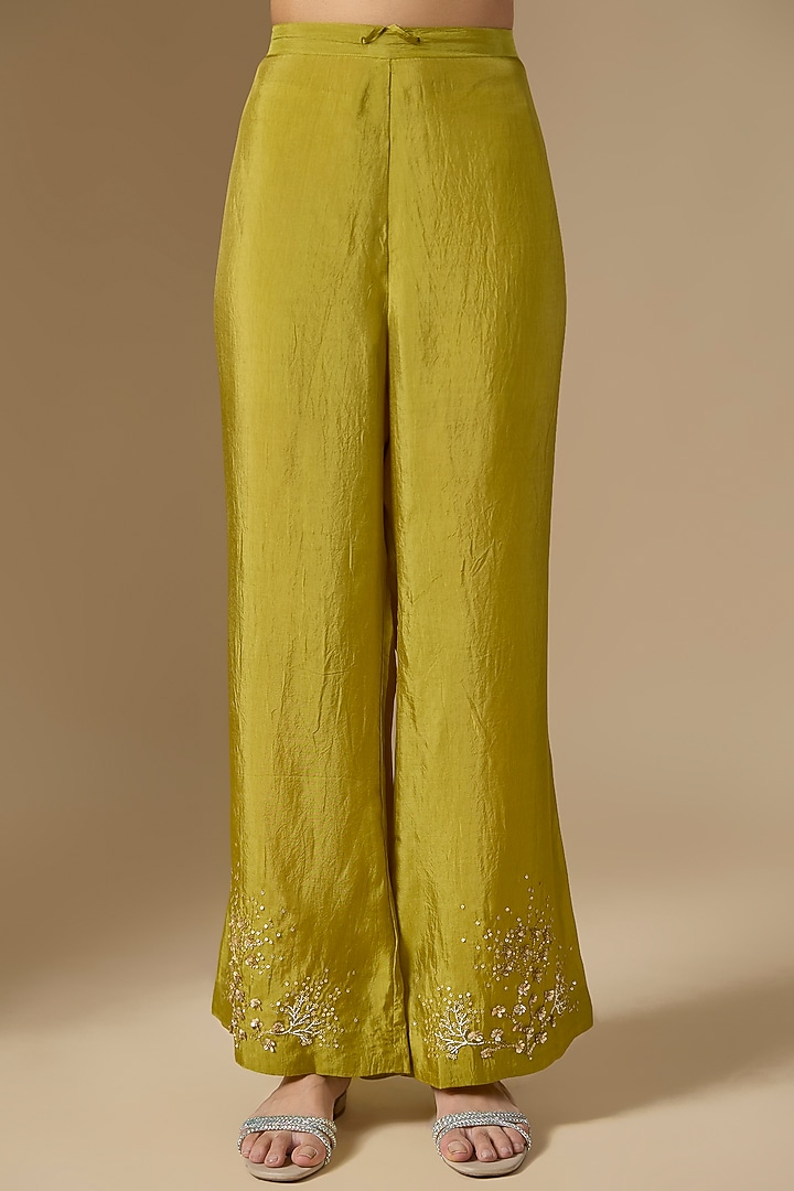 Green Silk Hand Embroidered Kurta Set by One not two at Pernia's Pop Up Shop