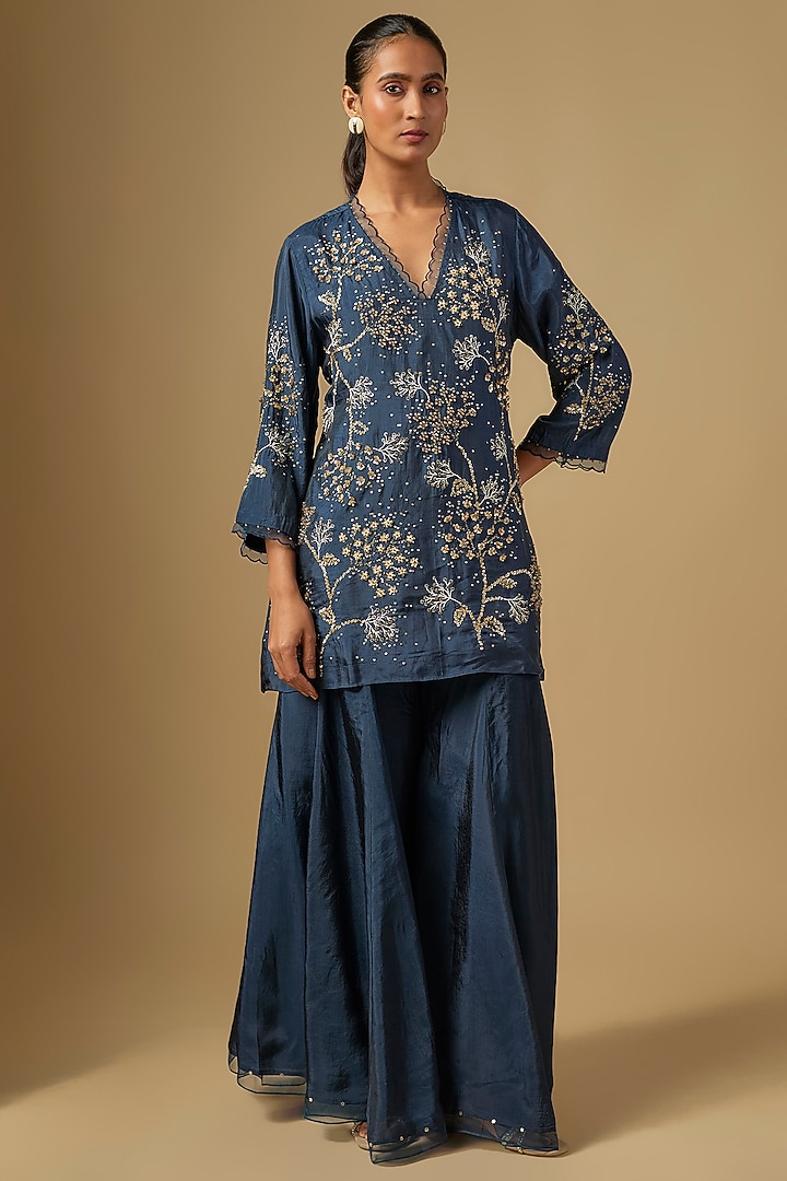 Navy Blue Silk Wedding Sharara Set by One not two at Pernia's Pop Up Shop