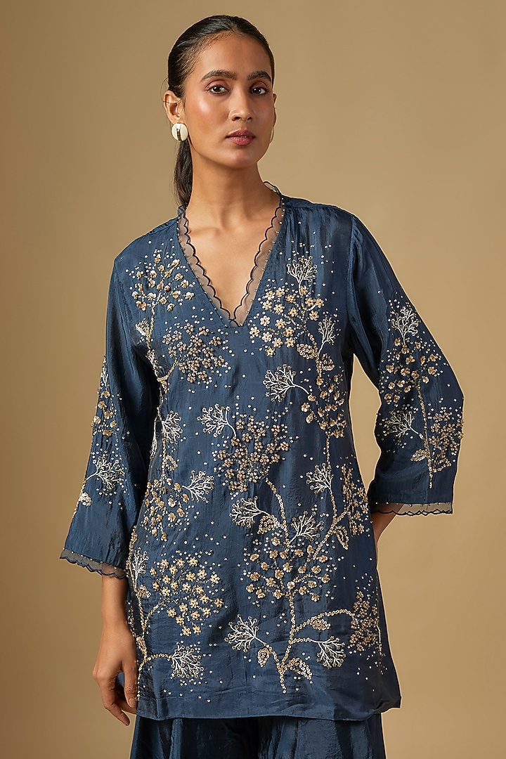 Navy Blue Silk Wedding Sharara Set by One not two at Pernia's Pop Up Shop