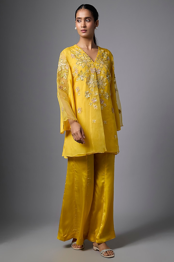 Amber Yellow Silk & Organza Sequin Embroidered Co-Ord Set by One not two at Pernia's Pop Up Shop