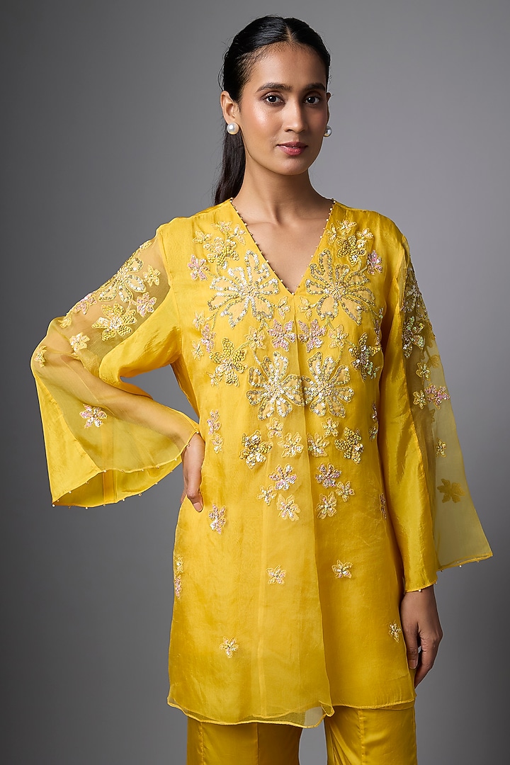 Amber Yellow Silk & Organza Sequin Embroidered Co-Ord Set by One not two at Pernia's Pop Up Shop