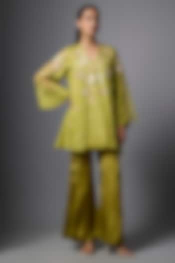 Henna Green Silk & Organza Sequin Embroidered Co-Ord Set by One not two at Pernia's Pop Up Shop