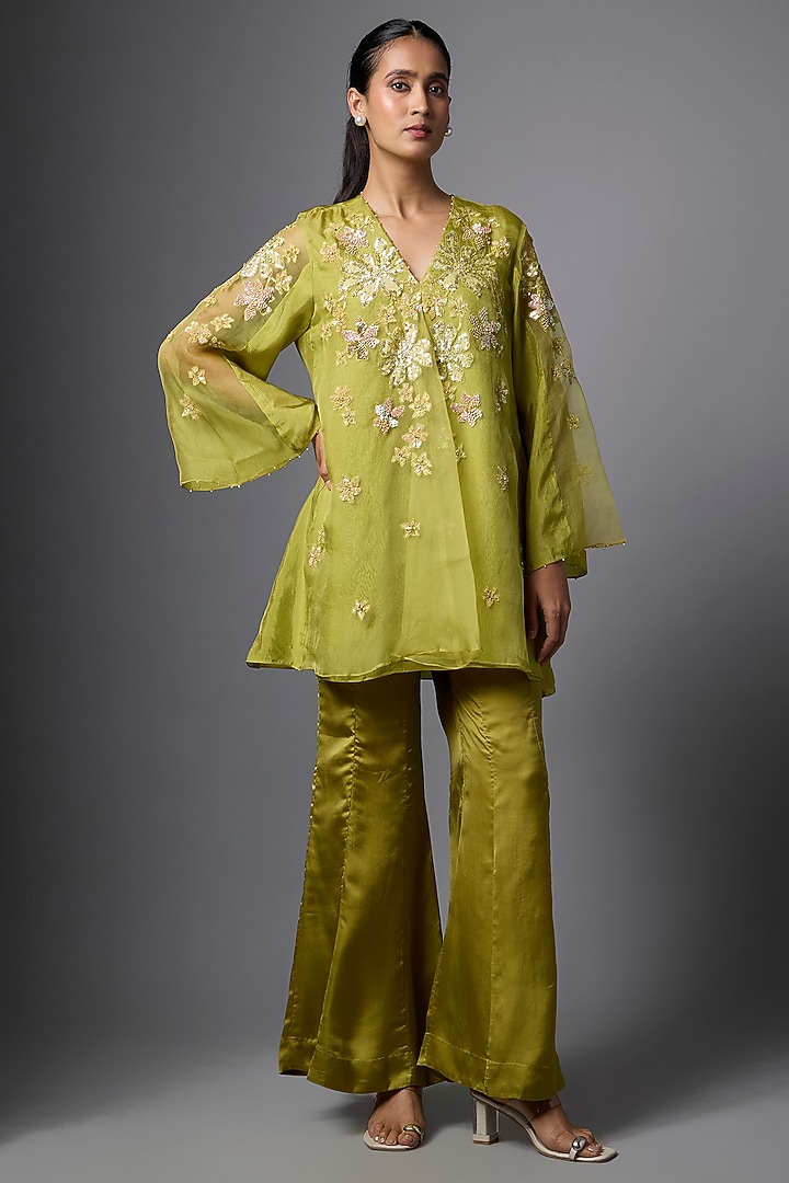 Henna Green Silk & Organza Sequin Embroidered Co-Ord Set by One not two at Pernia's Pop Up Shop