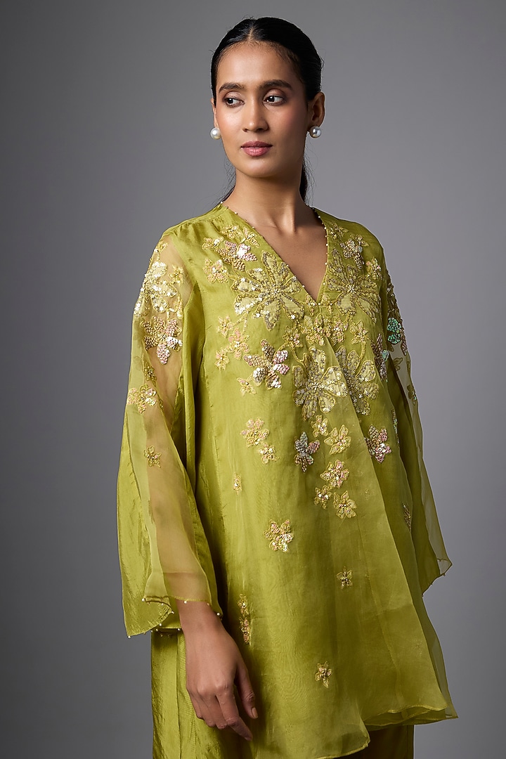 Henna Green Silk & Organza Sequin Embroidered Co-Ord Set by One not two at Pernia's Pop Up Shop