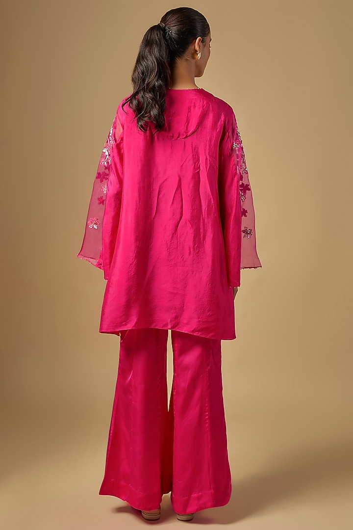 Hot Pink Silk Hand Embroidered Kurta Set by One not two at Pernia's Pop Up Shop