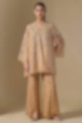 Beige Pink Silk Hand Embroidered Kurta Set by One not two at Pernia's Pop Up Shop