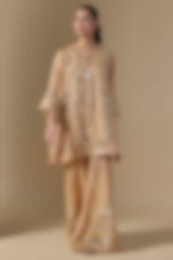 Beige Silk & Organza Hand Embroidered Kurta Set by One not two at Pernia's Pop Up Shop