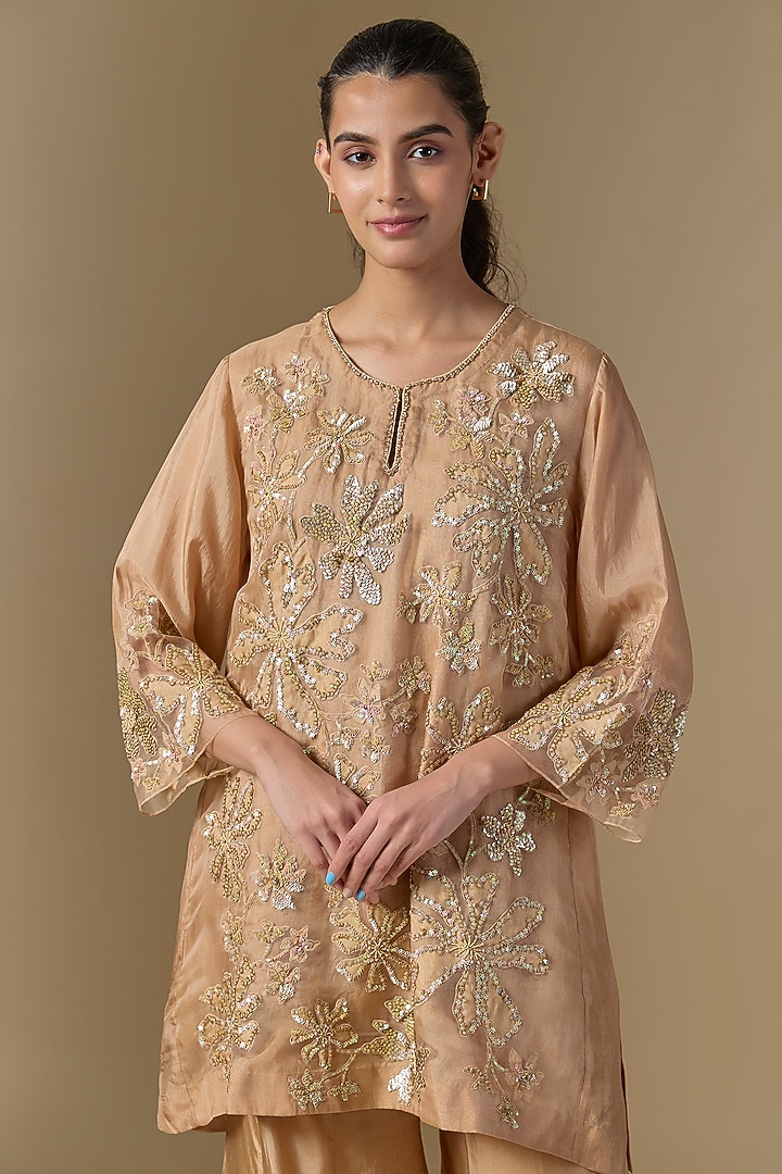 Beige Silk & Organza Hand Embroidered Kurta Set by One not two at Pernia's Pop Up Shop