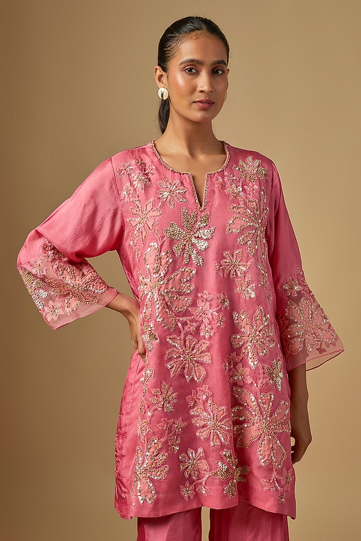 Pink Silk & Organza Hand Embroidered Wedding Sharara Set by One not two at Pernia's Pop Up Shop