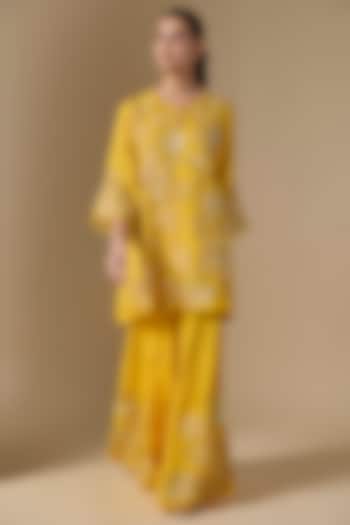 Yellow Silk & Organza Hand Embroidered Wedding Sharara Set by One not two at Pernia's Pop Up Shop