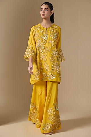 Yellow Silk & Organza Hand Embroidered Sharara Set by One not two