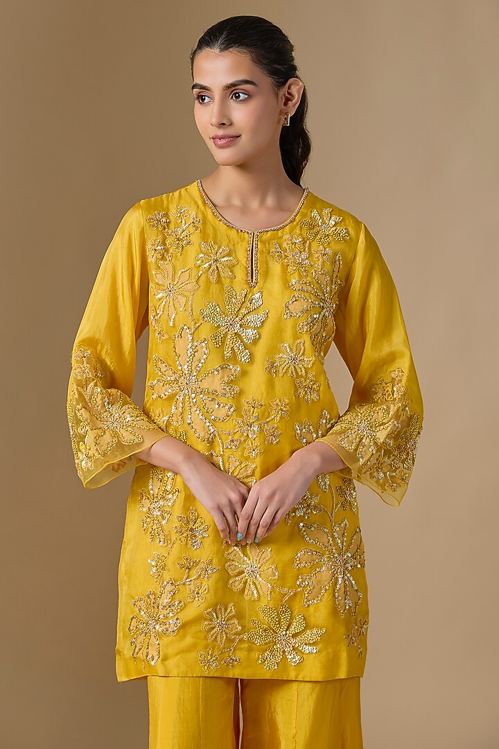 Yellow Silk & Organza Hand Embroidered Wedding Sharara Set by One not two at Pernia's Pop Up Shop