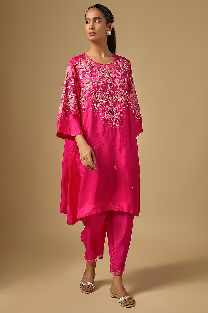 Pink Silk & Organza Hand Embroidered Kurta Set by One not two at Pernia's Pop Up Shop