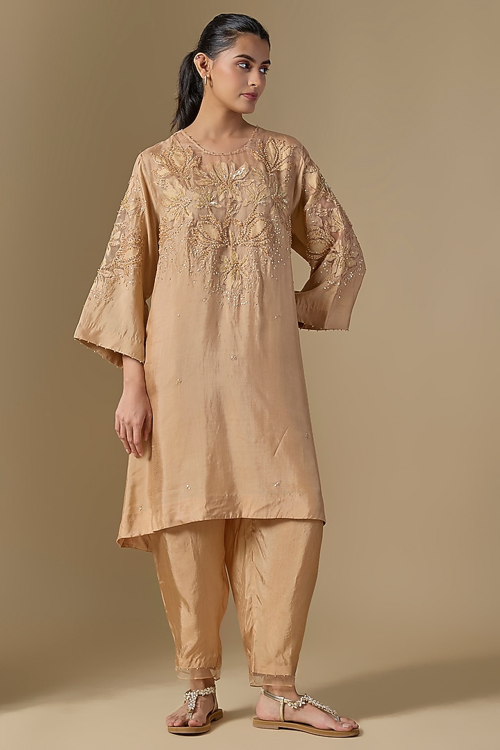 Beige Silk & Organza Hand Embroidered Kurta Set by One not two at Pernia's Pop Up Shop